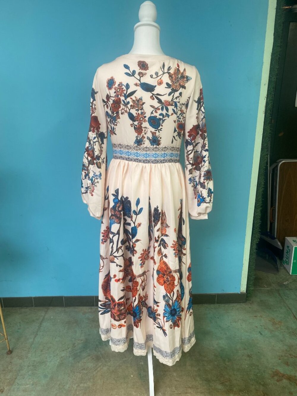 Boho Floral Maxi Dress Cream Blue Rust Peasant Prairie M - Picture 2 of 5